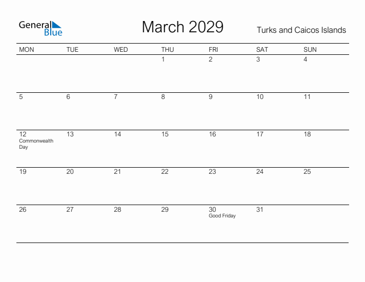 Printable March 2029 Calendar for Turks and Caicos Islands