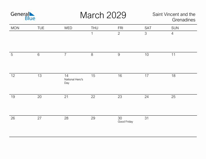 Printable March 2029 Calendar for Saint Vincent and the Grenadines