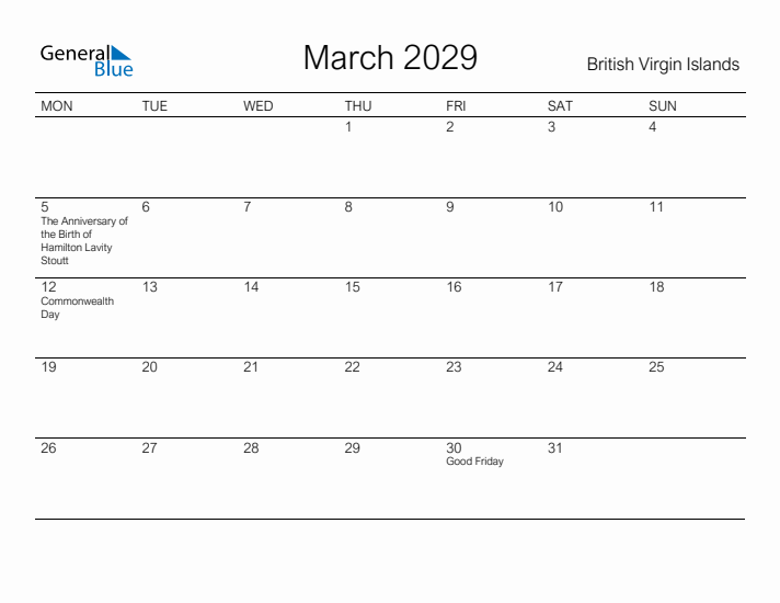 Printable March 2029 Calendar for British Virgin Islands