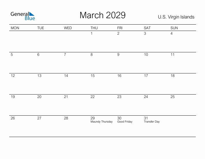 Printable March 2029 Calendar for U.S. Virgin Islands
