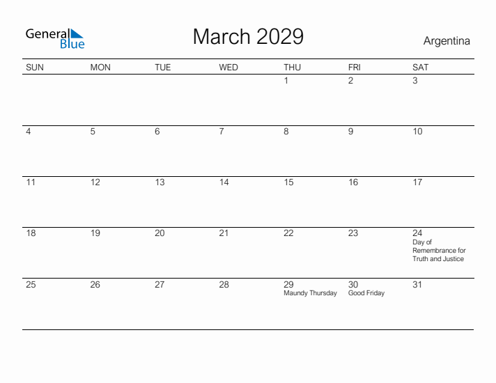 Printable March 2029 Calendar for Argentina