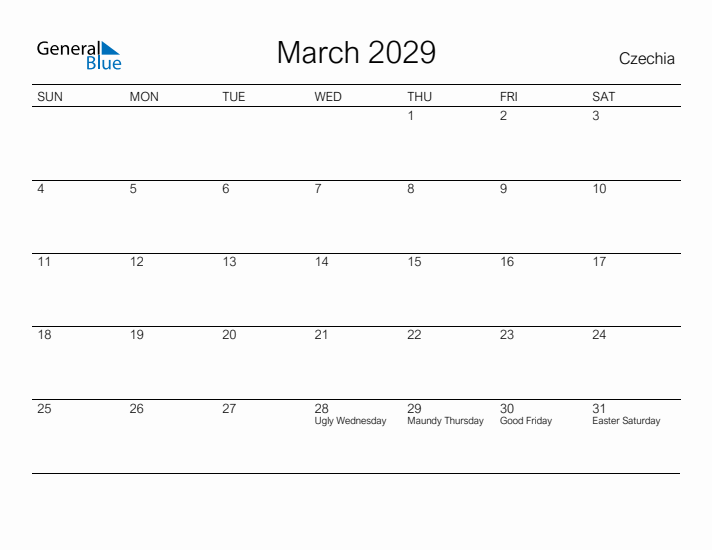 Printable March 2029 Calendar for Czechia