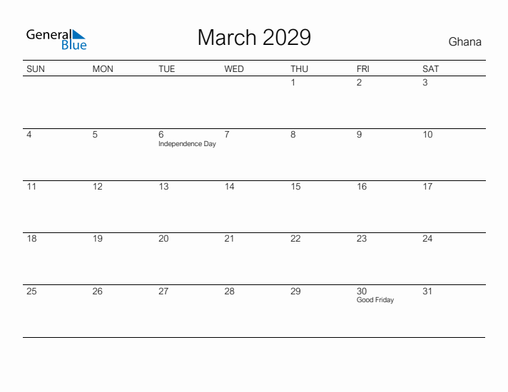 Printable March 2029 Calendar for Ghana