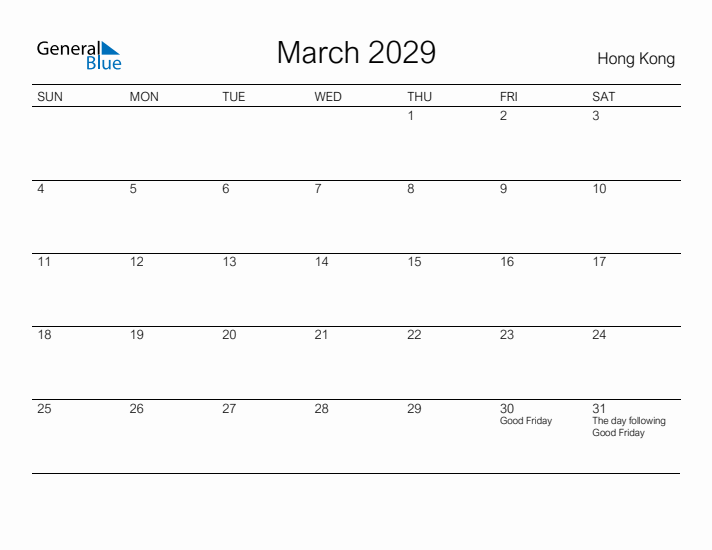 Printable March 2029 Calendar for Hong Kong