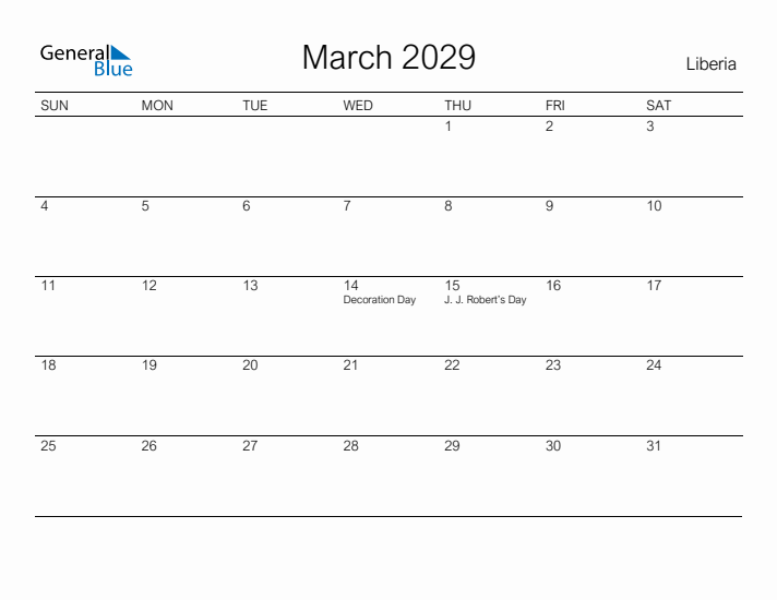 Printable March 2029 Calendar for Liberia