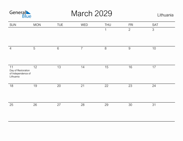 Printable March 2029 Calendar for Lithuania