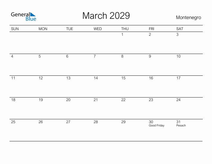 Printable March 2029 Calendar for Montenegro