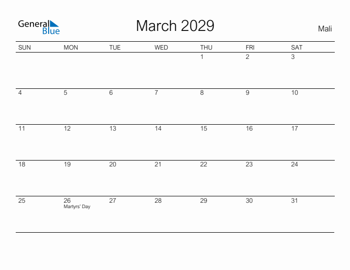 Printable March 2029 Calendar for Mali