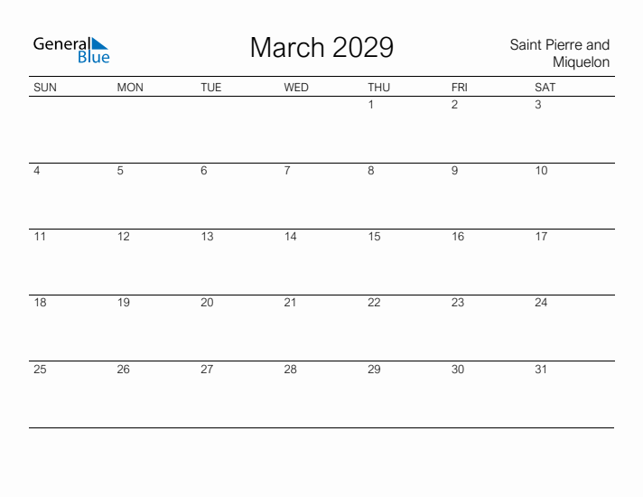 Printable March 2029 Calendar for Saint Pierre and Miquelon