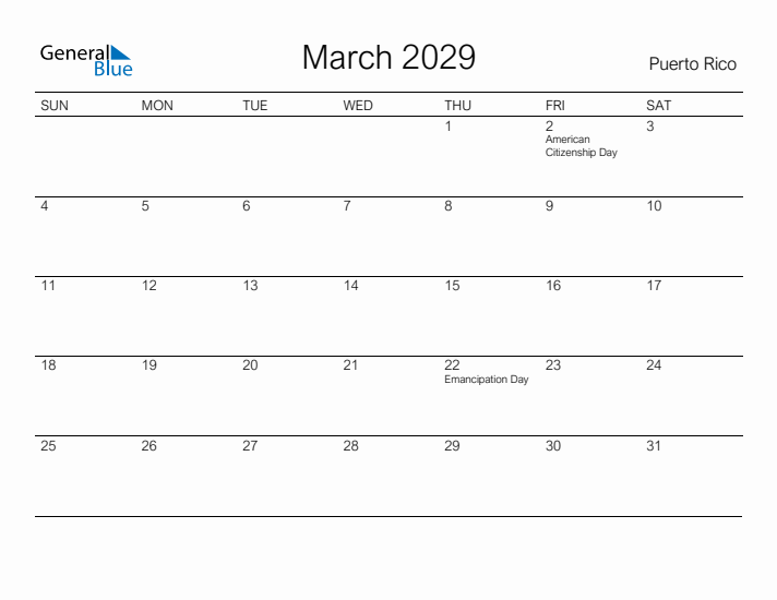 Printable March 2029 Calendar for Puerto Rico