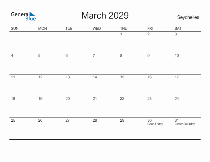 Printable March 2029 Calendar for Seychelles