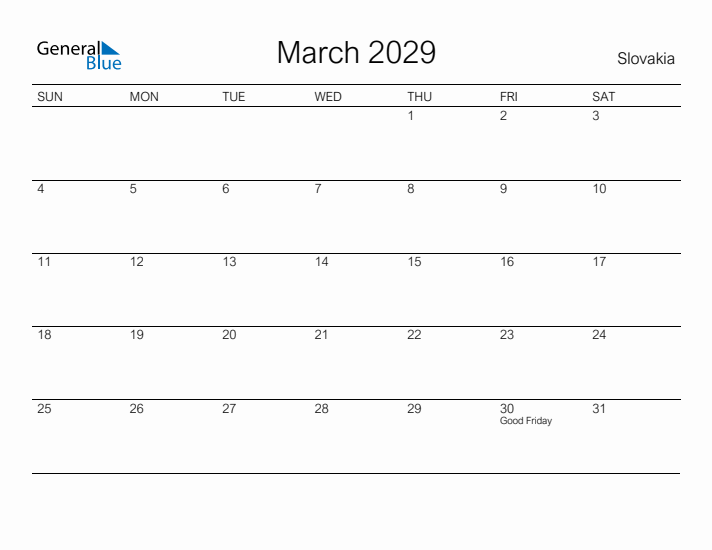Printable March 2029 Calendar for Slovakia