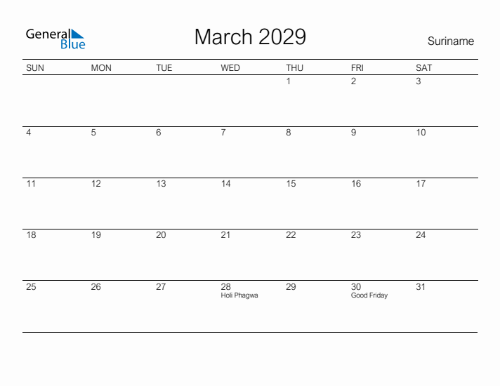 Printable March 2029 Calendar for Suriname