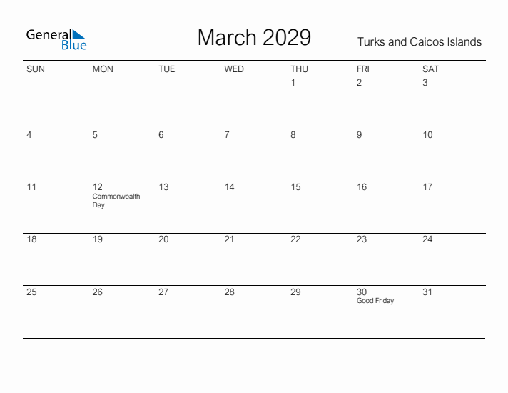 Printable March 2029 Calendar for Turks and Caicos Islands