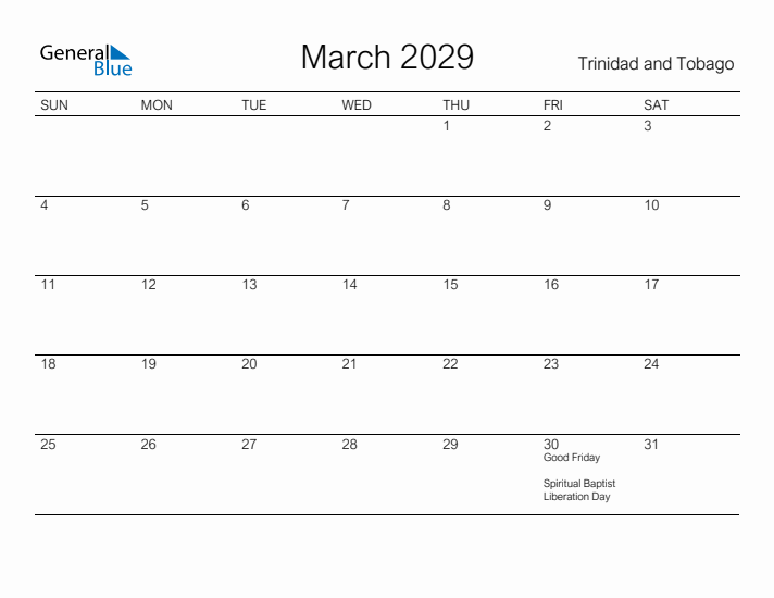 Printable March 2029 Calendar for Trinidad and Tobago