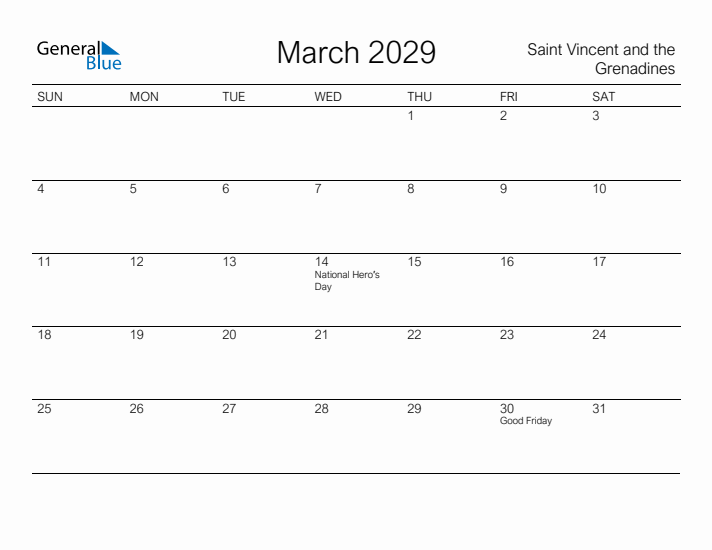 Printable March 2029 Calendar for Saint Vincent and the Grenadines