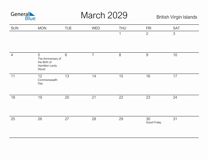 Printable March 2029 Calendar for British Virgin Islands