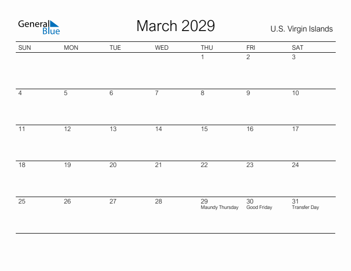 Printable March 2029 Calendar for U.S. Virgin Islands
