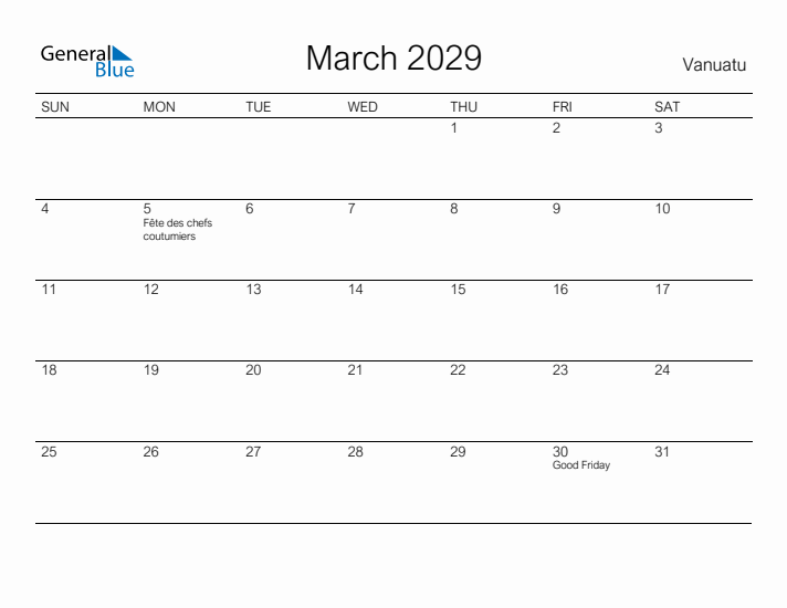 Printable March 2029 Calendar for Vanuatu