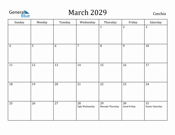 March 2029 Calendar Czechia
