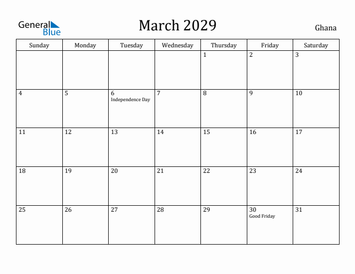 March 2029 Calendar Ghana