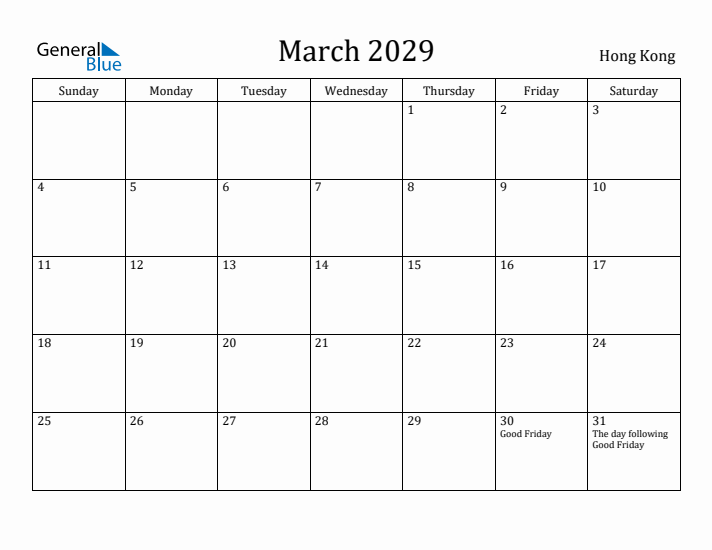 March 2029 Calendar Hong Kong