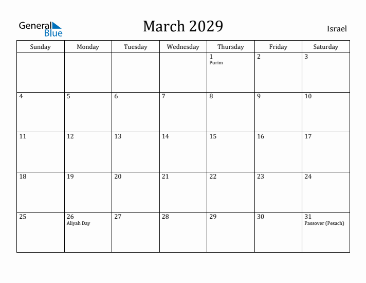 March 2029 Calendar Israel