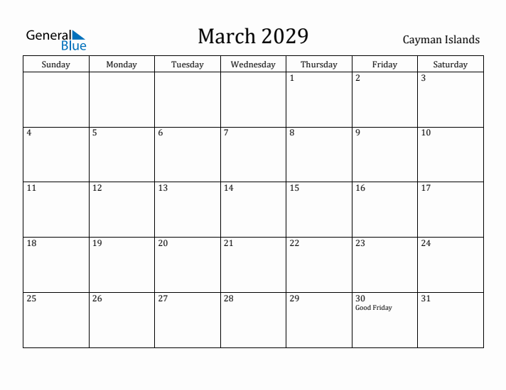 March 2029 Calendar Cayman Islands