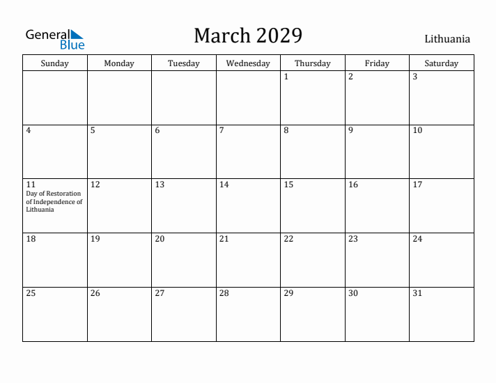 March 2029 Calendar Lithuania