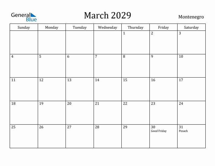 March 2029 Calendar Montenegro