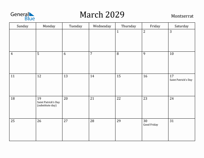 March 2029 Calendar Montserrat