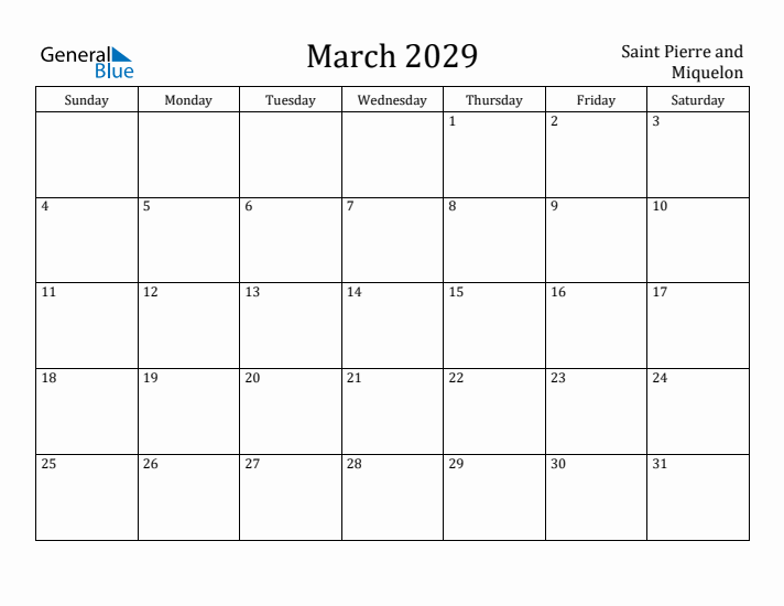 March 2029 Calendar Saint Pierre and Miquelon