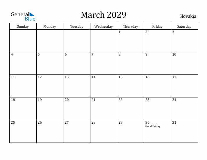 March 2029 Calendar Slovakia