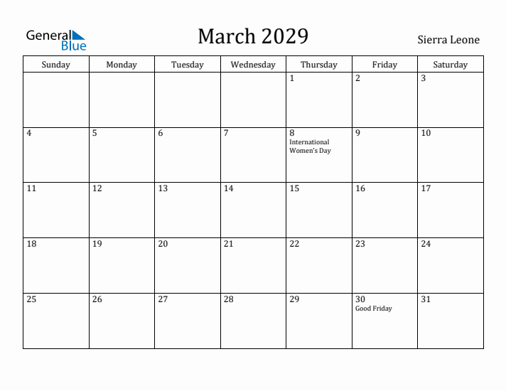 March 2029 Calendar Sierra Leone