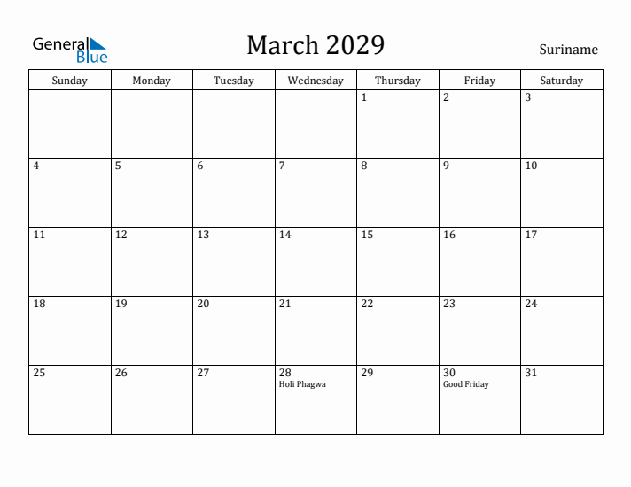 March 2029 Calendar Suriname