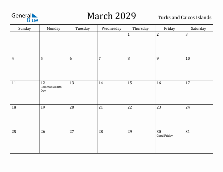 March 2029 Calendar Turks and Caicos Islands