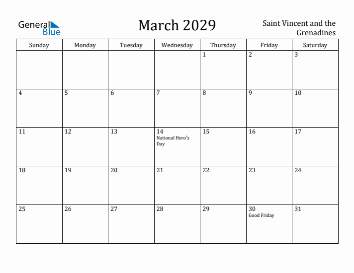 March 2029 Calendar Saint Vincent and the Grenadines