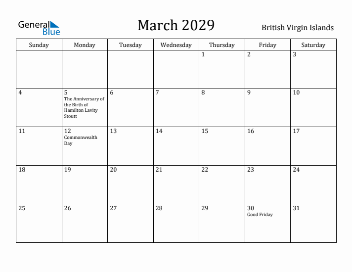 March 2029 Calendar British Virgin Islands