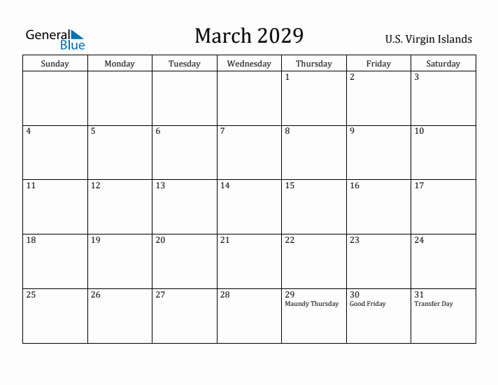 March 2029 Calendar U.S. Virgin Islands