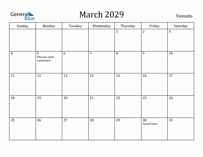 March 2029 Calendar Vanuatu
