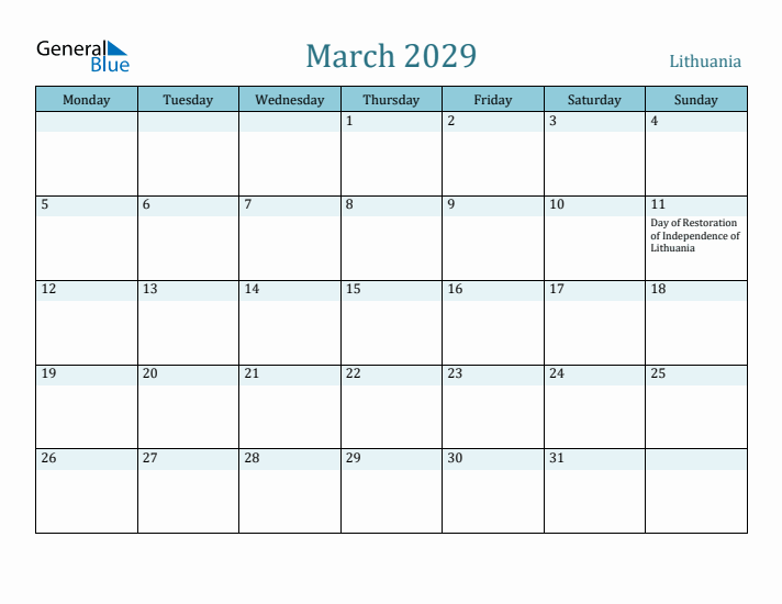March 2029 Calendar with Holidays