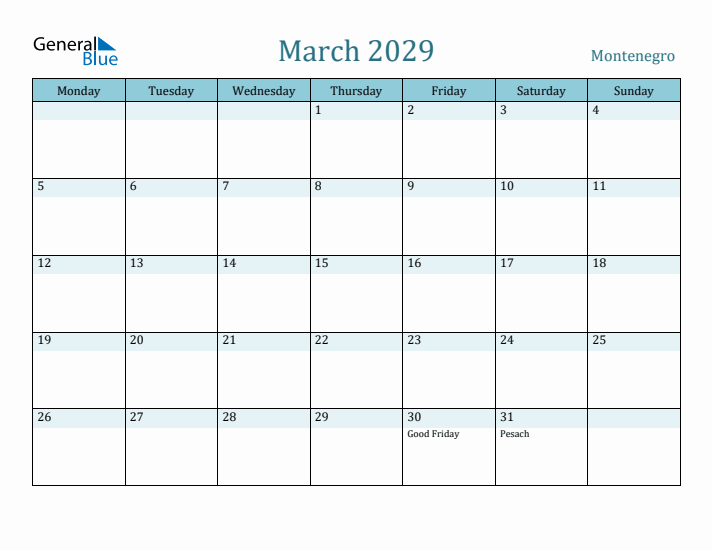 March 2029 Calendar with Holidays