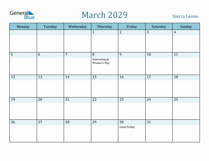 March 2029 Calendar with Holidays