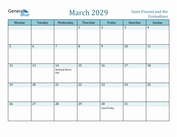 March 2029 Calendar with Holidays