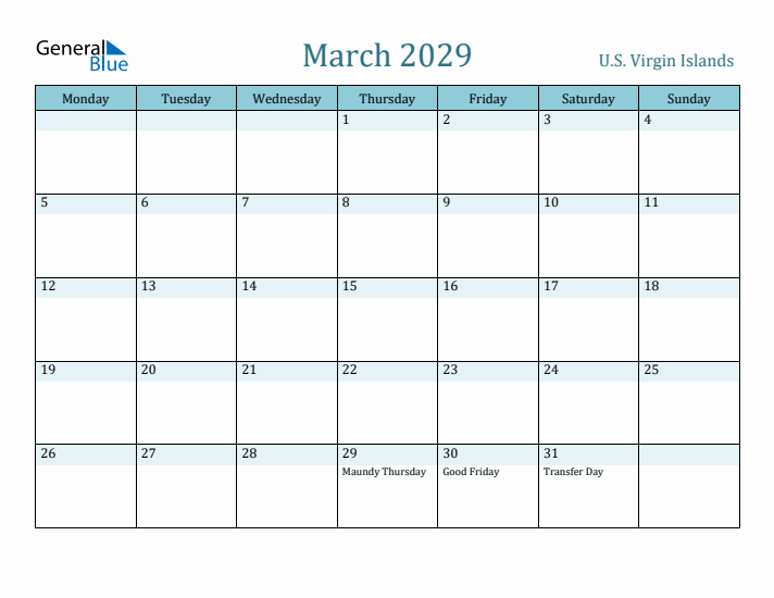 March 2029 Calendar with Holidays