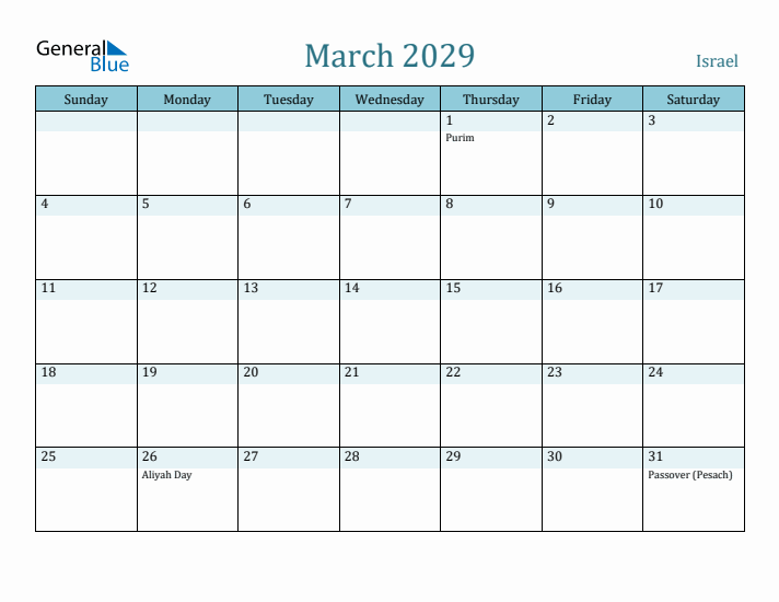 March 2029 Calendar with Holidays