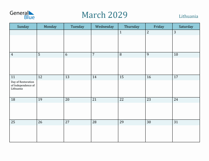 March 2029 Calendar with Holidays