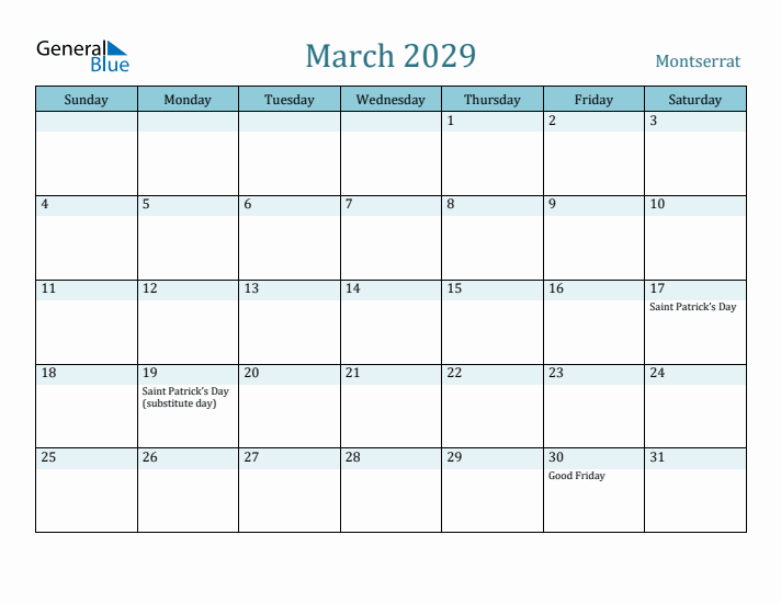 March 2029 Calendar with Holidays