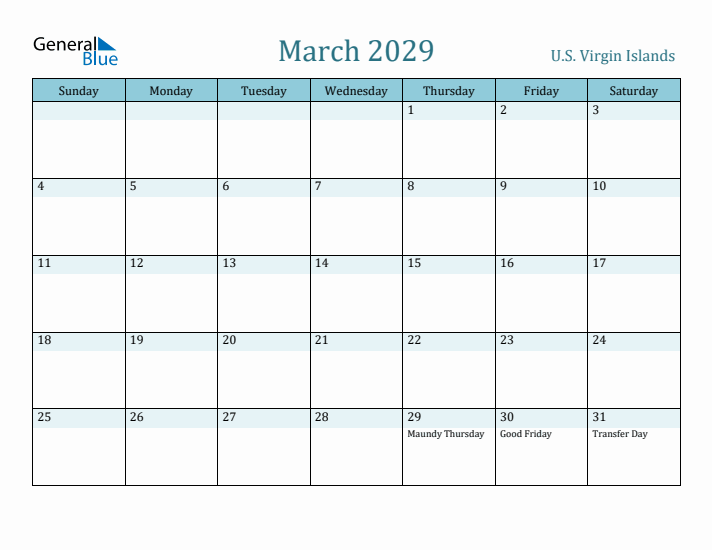 March 2029 Calendar with Holidays