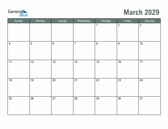 Free Printable March 2029 Calendar